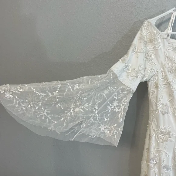 Adrianna Papell Off-Shoulder Sequin Beaded Floral Dress 3/4 Bell Sleeves NWT - Picture 11 of 16